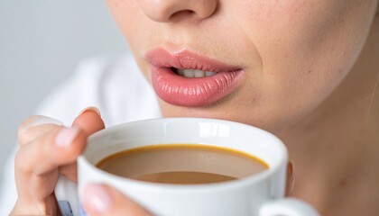 Primer Plano Detallado de una Mujer Disfrutando una Bebida Caliente en una Taza Blanca, Evocando una Sensación de Confort, Relajación y un Momento de Pausa en su Día