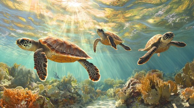 A group of baby sea turtles swimming near coral during early morning light