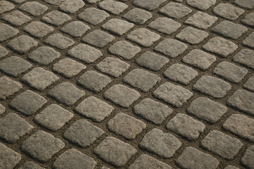 This image showcases a detailed view of cobblestone pavement, featuring a unique arrangement of stone blocks. The texture and pattern can enhance various architectural designs.