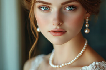 Beautiful woman with blue eyes in a pearl necklace, gazing at the sunset over the ocean.