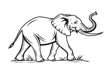 Majestic Walking Elephant Line Art,  elephant Black and White Vector Drawing, Wild elephant Illustration coloring page.