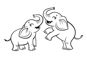 Playful Baby Elephants Vector Outline, Cute baby Elephants Line Art Animal Drawing, Funny Happy Cartoon Elephants Interacting for coloring page.
