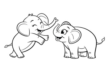Playful Baby Elephants Vector Outline, Cute baby Elephants Line Art Animal Drawing, Funny Happy Cartoon Elephants Interacting for coloring page.