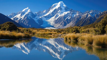 Fototapeta premium Majestic snow-capped mountain reflected in a tranquil alpine lake