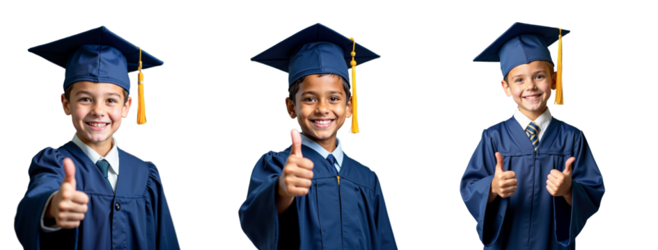 Set of three happy children celebrating graduation in blue gowns with caps, showing thumbs up against a white background