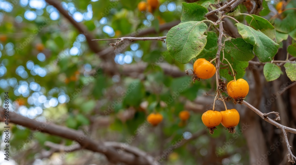 Poster close-up view of fruit ripening on branches during daylight, showcasing vibrant colors and light lea