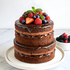 A beautifully layered chocolate cake with rich ganache and fresh berries on top