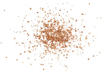 Pile chopped, milled chocolate isolated on white, top view	