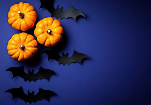 Halloween decoration with mini pumpkins and bats.  Three small orange pumpkins and several black paper bats are arranged on a deep blue background - Powered by Adobe