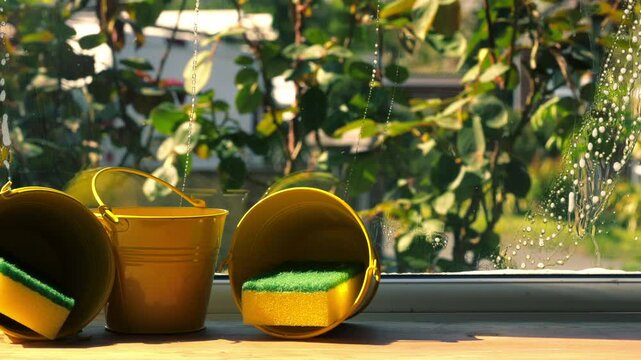 Spring cleaning washing windows with soapy suds