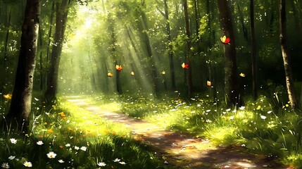 Sunlit forest path, wildflowers, calm