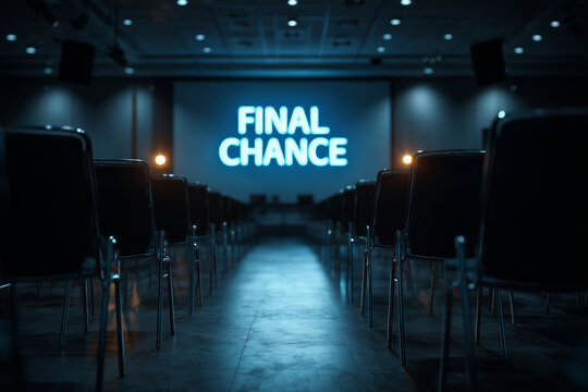 Glowing messages illuminate empty conference chairs in dimly lit hall