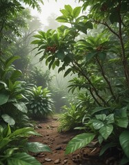 Obraz premium Coffee plant saplings thrive amidst lush foliage, showcasing early growth stages , image, tropical, growth