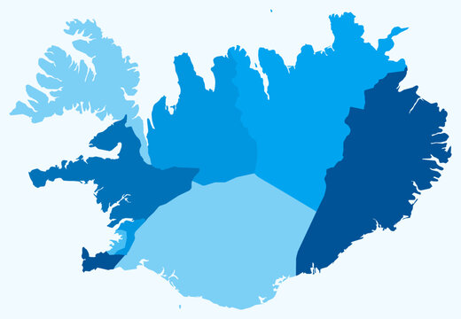 Map of Iceland with regions. Just a simple country border map with region division. Light blue color palette. Flat Iceland shape with administrative division. Vector illustration.