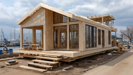 Obraz premium This newly constructed wooden home features expansive windows and a spacious deck, nestled near the shore.