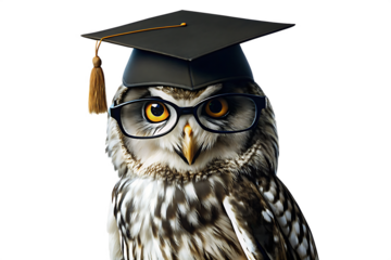 smart owl wearing graduation cap and glasses isolated on white background PNG