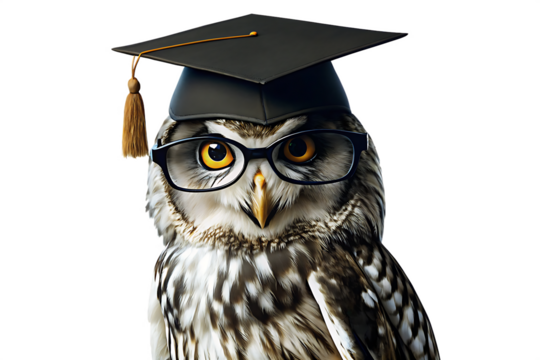 smart owl wearing graduation cap and glasses isolated on white background PNG