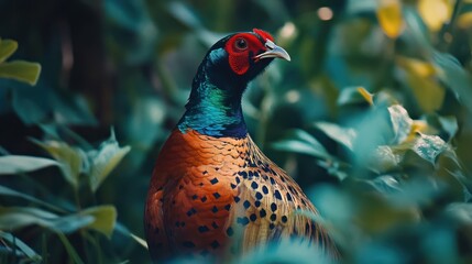 Fototapeta premium Vibrant pheasant in foliage, garden background, wildlife photography, nature print