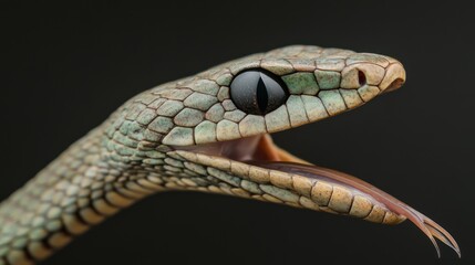 Snake head closeup, open mouth, dark background, reptile wildlife