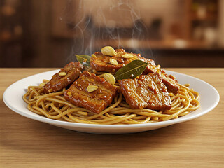 Fototapeta premium Pancit Canton is a flavorful Filipino noodle dish featuring tender meat, often pork, coated in a rich, savory sauce made from soy sauce and vinegar.