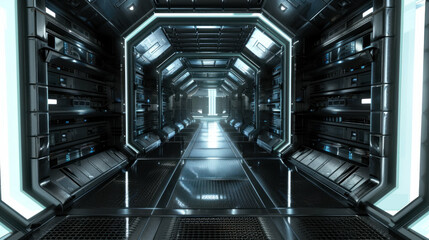 Futuristic spaceship corridor dark metal interior with bright end point