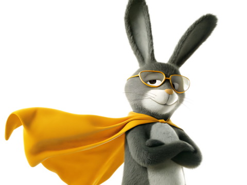 superhero bunny wearing yellow cape and glasses isolated on white background PNG - Powered by Adobe