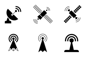 Satellite and antenna communication vector icons set