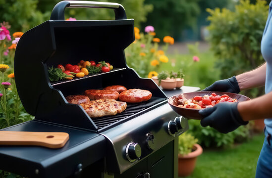 A high-quality black outdoor grill with food cooking in it, a plate of food in the hands of the chef