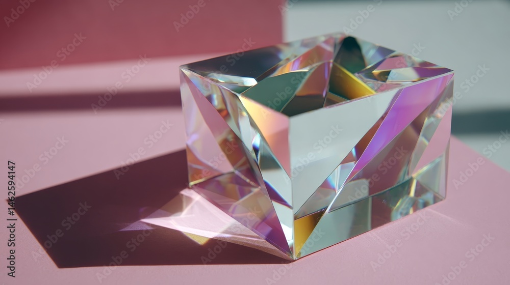 Poster A clear prism rests on a soft pastel pink surface, creating captivating reflections and colors, ideal for artistic displays and design projects