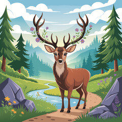 Fototapeta premium Majestic Stag Adorned with Wildflowers Stands on a Forest Path Beside a Winding Stream in a Lush Mountain Landscape. 