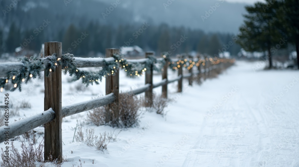 Poster evergreen garlands are draped on rustic fence posts in a snowy rural landscape, capturing the serene