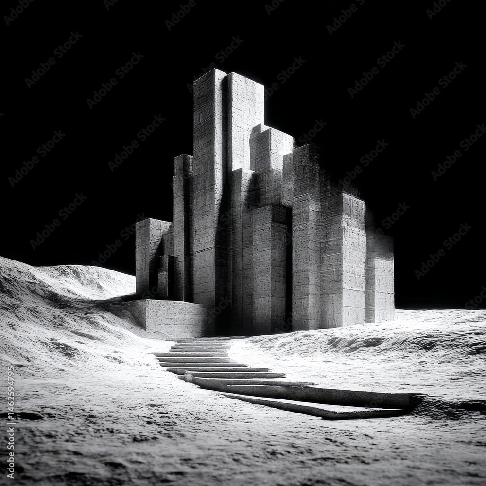 Poster monochrome monolith: ascending steps to a stark, abstract architectural fortress against a void, a s