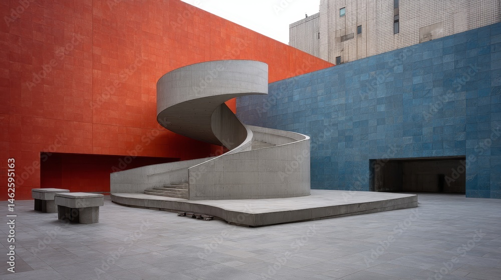 Poster a high angle view showcases a modern architectural design with a sleek spiral staircase, set amid vi