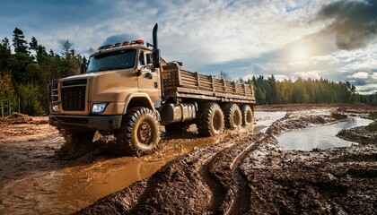 Obraz premium Offroad big rig truck logging in mud woods