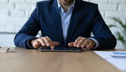 Fototapeta premium A scene of a man in a suit resting his arms on a conference table and touching a tablet 