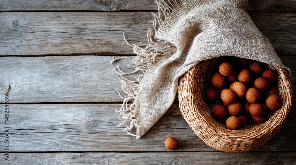Poster woven basket filled with spiced molasses cookies rests on a warm wooden surface, complemented by rus
