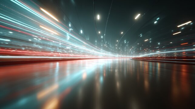 A wide shot captures an isometric angle of a vibrant tunnel filled with glowing orange and blue data streams, featuring floating holographic panels and ample copy space