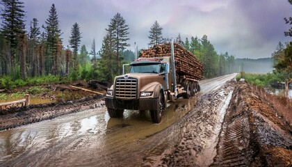 Offroad big rig truck logging in mud woods