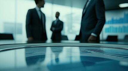 Fototapeta premium Blurred businesspeople in discussion, meeting room reflection.