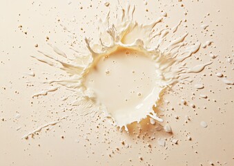 Creamy milk splash on a beige surface.  A circular splash of creamy white milk with radiating streaks, against a pale beige background scattered with tiny specks