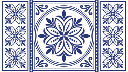 Blue and white floral tile pattern with central circular motif and vertical floral borders design element created with generated ai