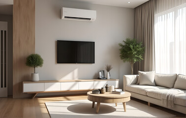 A cozy living room features a minimalist design with soft seating, a round wooden table, and lush indoor.generative ai