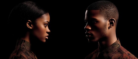 Dramatic portrait of young African American man and woman facing each other in studio with black background Concept of connection, relationship, and fashion