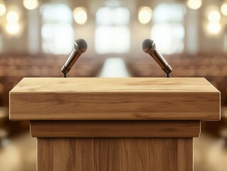 Wooden podium with microphones in a hall.  Spacious hall, ready for speech