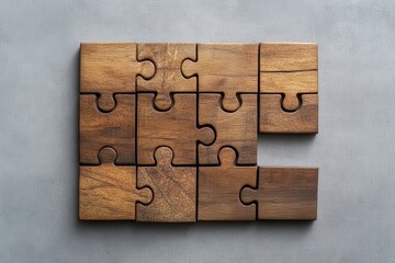 Wooden puzzle pieces, mostly assembled, leaving a gap
