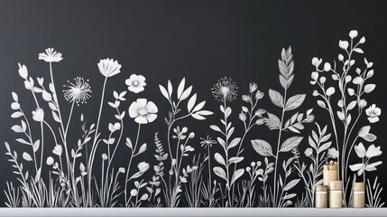 Wallpaper with a chalk-drawn botanical theme on a matte black background