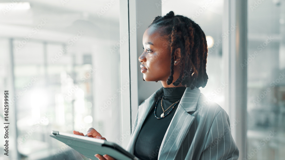 Leinwandbilder black woman, business and thinking with tablet for idea, brainstorming or networking. opportunist, p