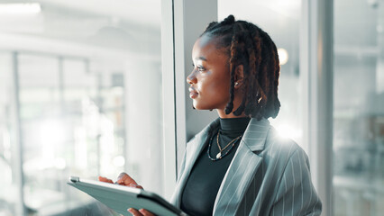 Black woman, business and thinking with tablet for idea, brainstorming or networking. Opportunist,...