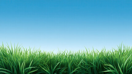 Fototapeta premium Lush green grass gracefully carpets the foreground, its vibrant blades reaching towards a pristine cerulean sky above, evoking serenity and natural beauty.