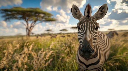 Naklejka premium Zebra portrait, African savanna, grassland, sunset